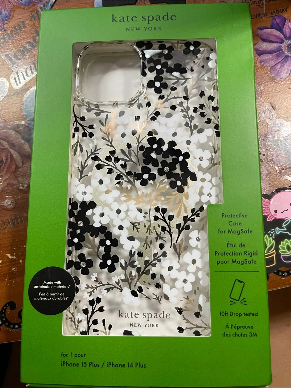 kate spade Floral iPhone 15 plus/14 plus Case in Black, White & Gold